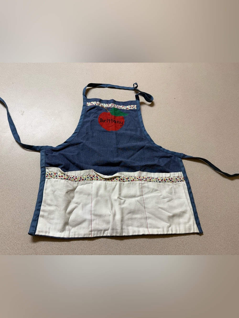 Personalized Blue and Cream Child Apron with Red Apple